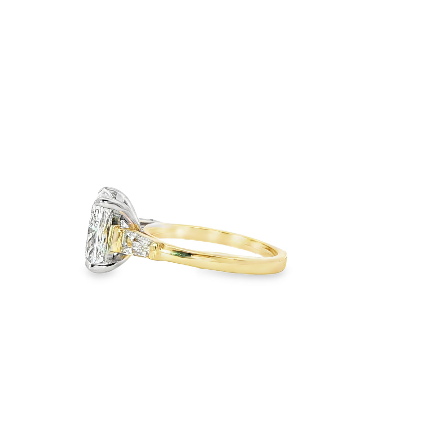 Custom Engagement Ring 3 Stone 3.74Ct Elongated Cushion With Tappered Baguettes 14K Yellow Gold With White Gold Head