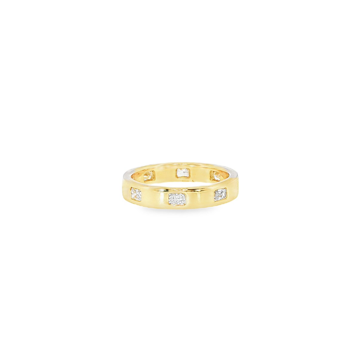 14K Yellow Gold 4Mm Flat Band With 8 Lab Radiants 2.8X2.22 Burnish Set Eternity Finger Size 6.25
