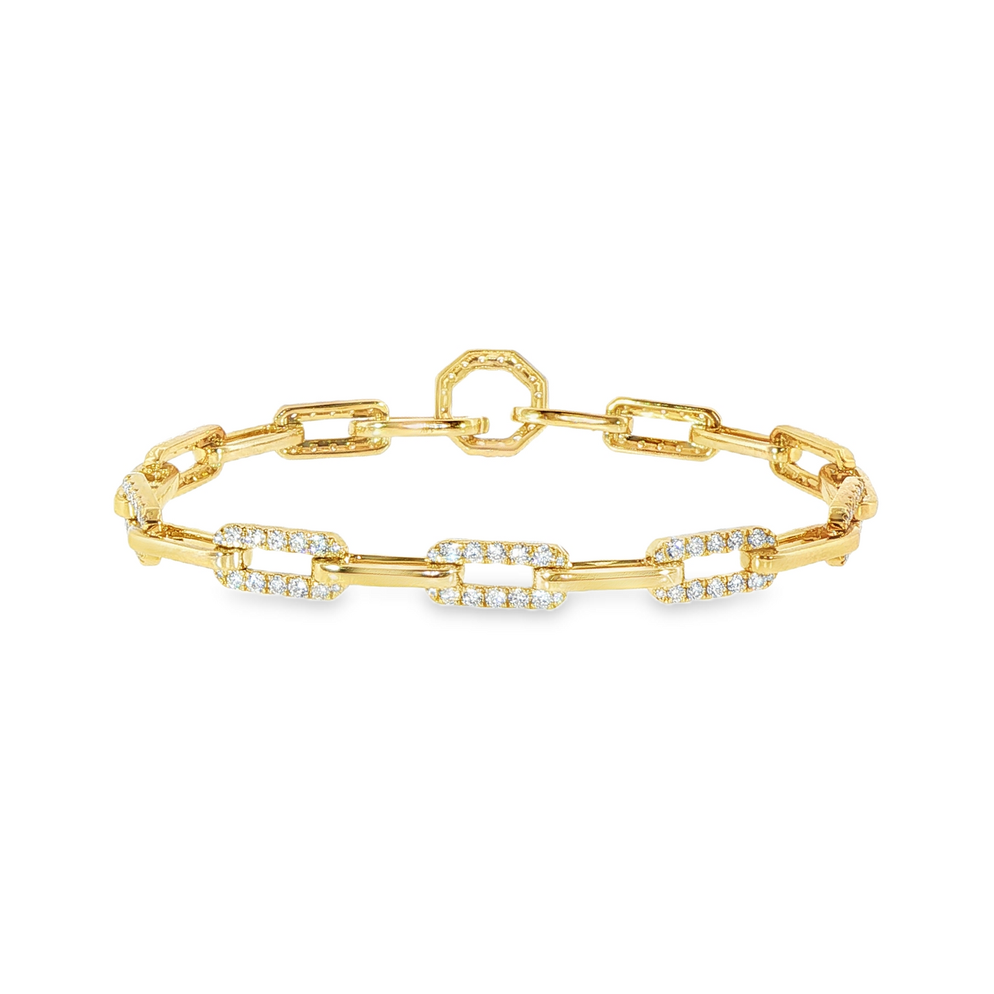 14K Yellow Gold Alternating Pave Natural Diamond Link Bracelet With Hidden Lock 2.03Ctw