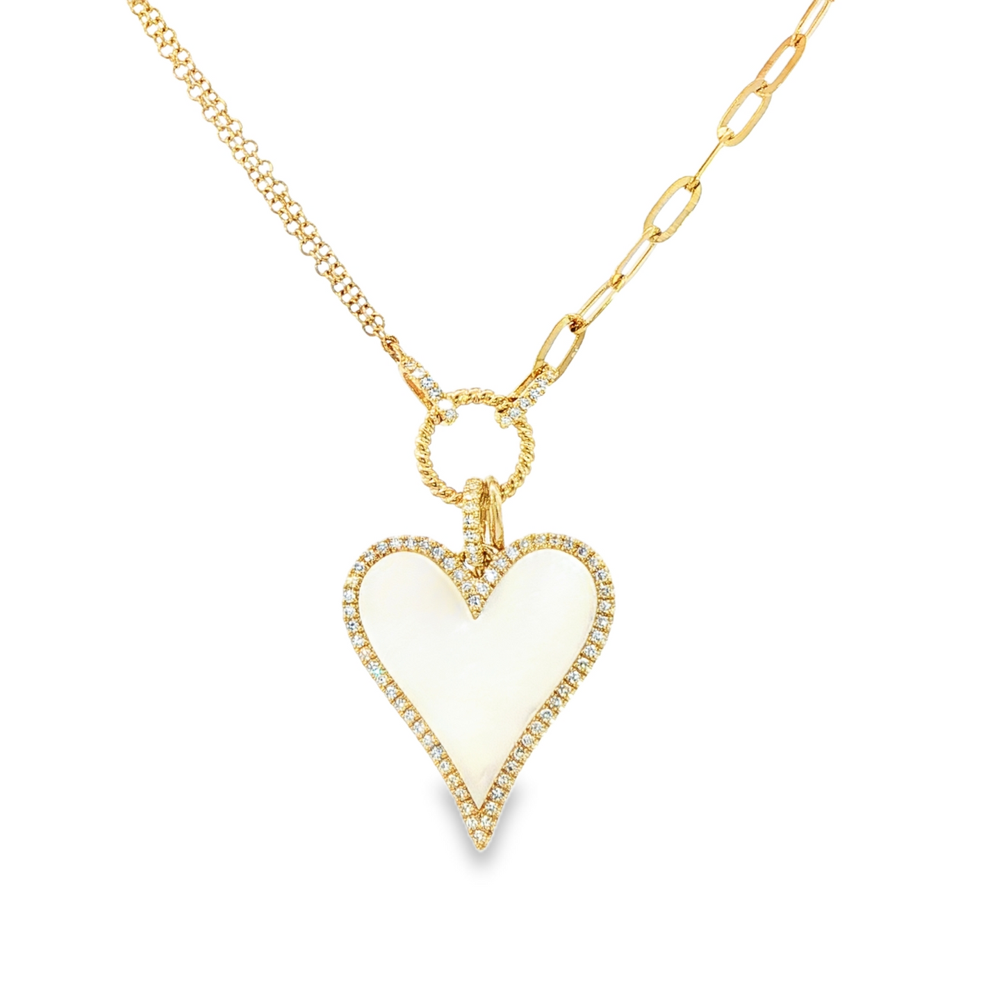 14K Yellow Gold Diamond And Mother Of Pearl Heart Paperclip Link Necklace D 0.20Ctw And Mp 2.07Ct