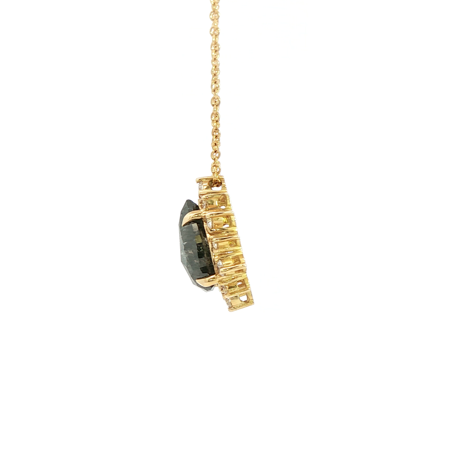 14K Yellow Gold Black And White Rose Cut Diamond 2.97Ct Necklace With Diamond Halo 0.32Ct