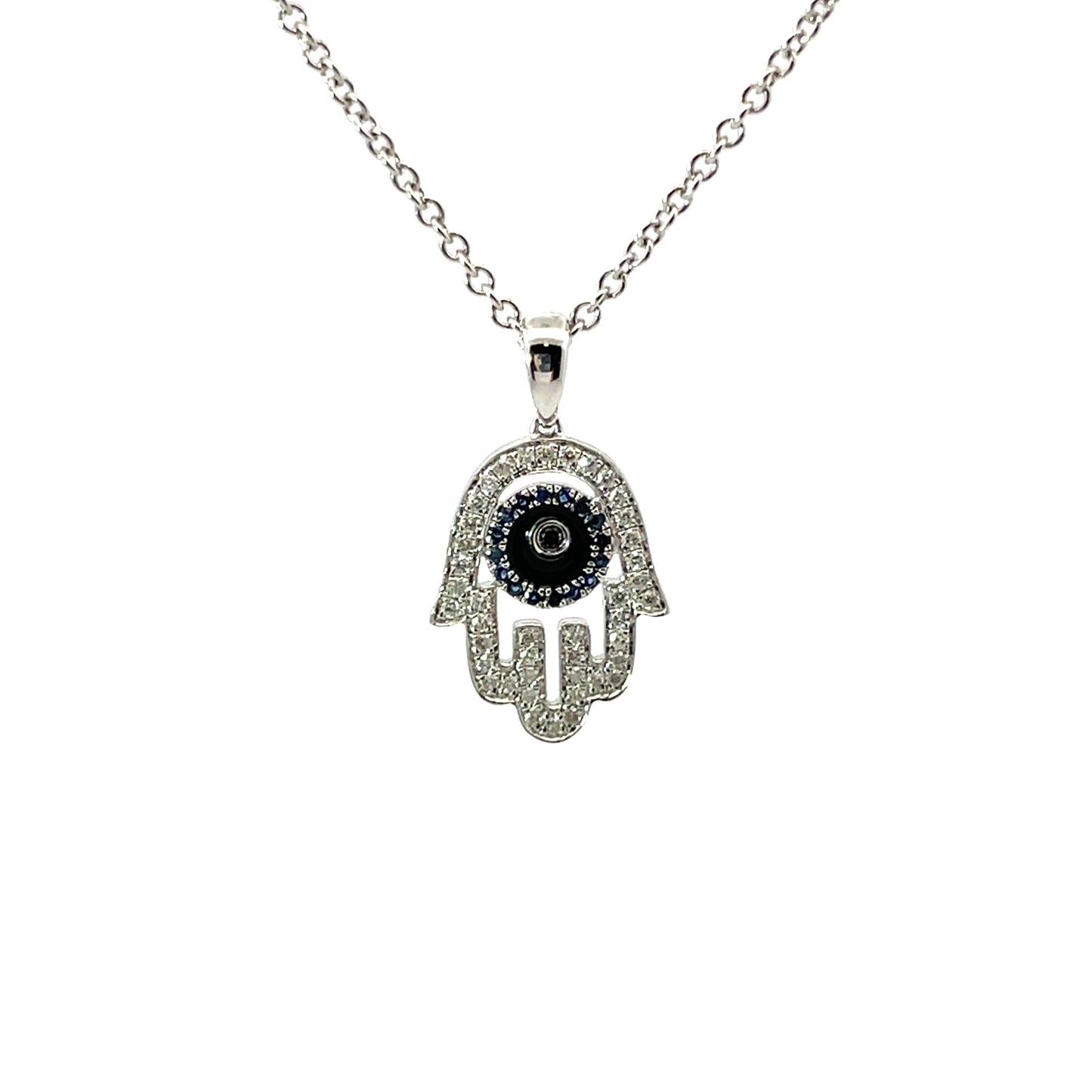 18K White Gold Diamond And Sapphire Hamsa And Enanmel Pendant On 14K Wg 18" Chain 16 Blue Sapphire0.04Ct And 43 Diamonds 0.09Ct