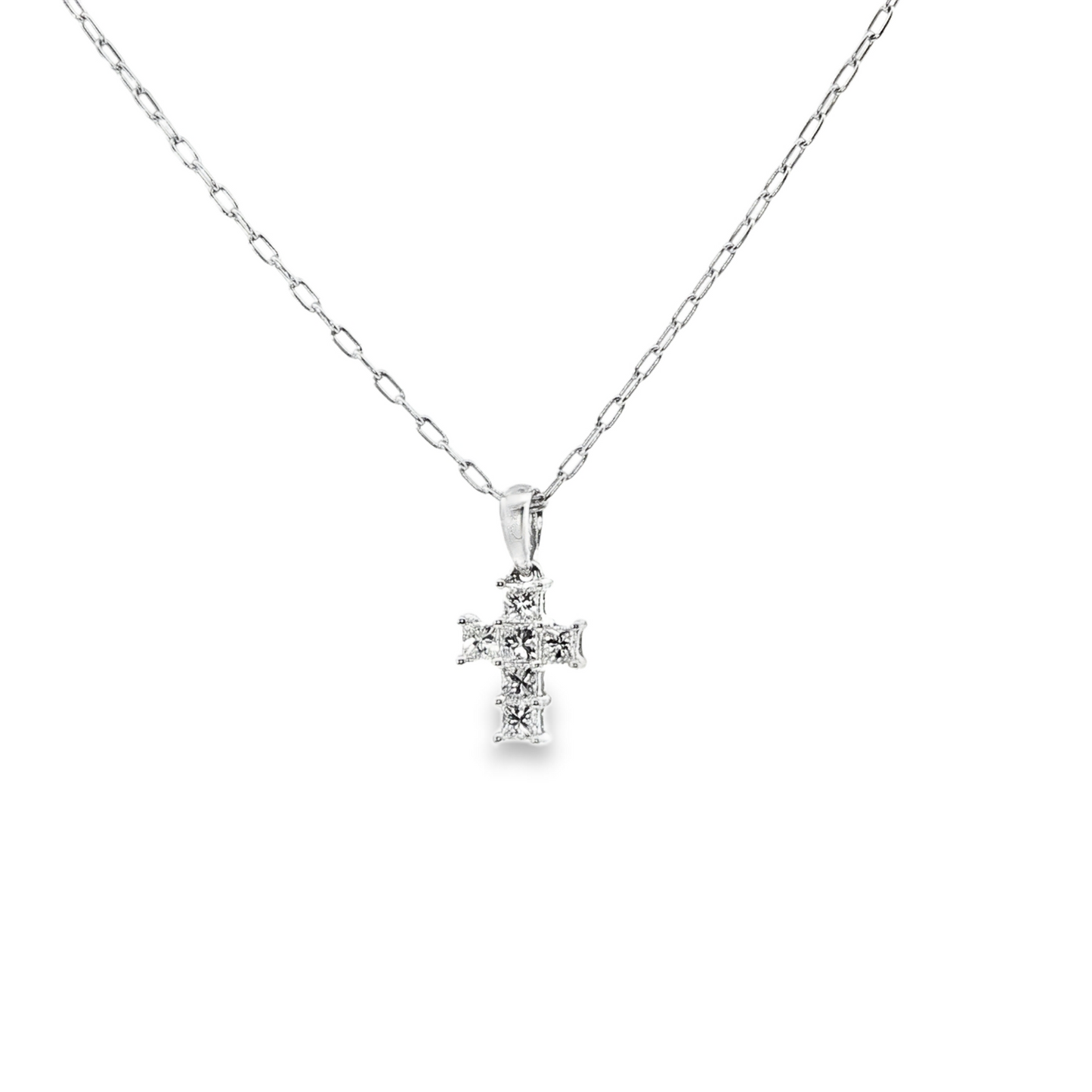 18K White Gold Princess Cut Diamond Cross On 18K Wg Chain Containing 6 Diamonds 0.24Ctw