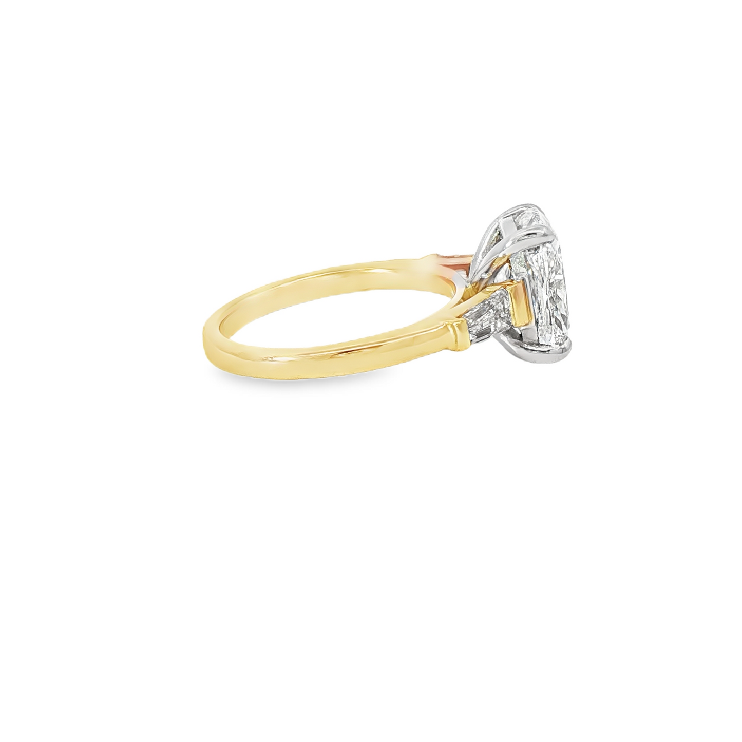 Custom Engagement Ring 3 Stone 3.74Ct Elongated Cushion With Tappered Baguettes 14K Yellow Gold With White Gold Head