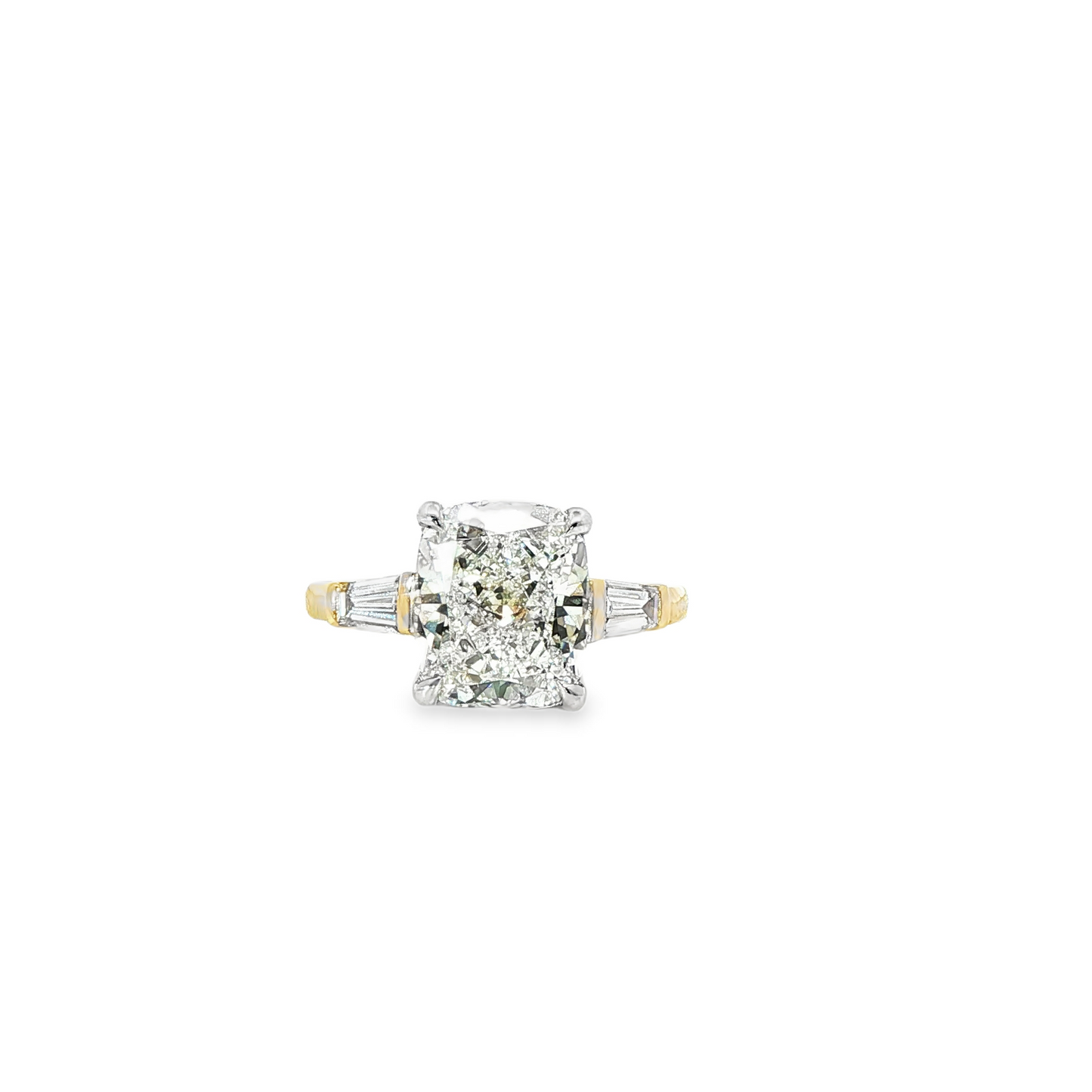 Custom Engagement Ring 3 Stone 3.74Ct Elongated Cushion With Tappered Baguettes 14K Yellow Gold With White Gold Head