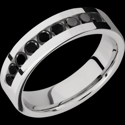 6 mm wide/Flat/Cobalt Chrome band with an arrangement of 9, .1 carat Round Black Diamond stones in a Channel setting.