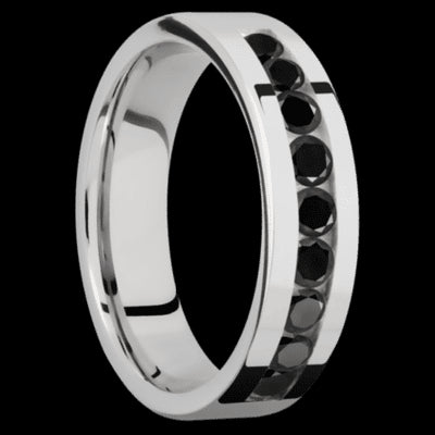 6 mm wide/Flat/Cobalt Chrome band with an arrangement of 9, .1 carat Round Black Diamond stones in a Channel setting.