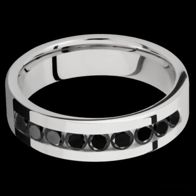 6 mm wide/Flat/Cobalt Chrome band with an arrangement of 9, .1 carat Round Black Diamond stones in a Channel setting.