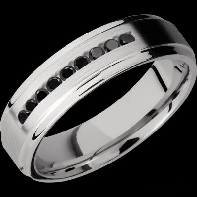 6 mm wide/Flat Grooved Edges/Cobalt Chrome band with an arrangement of 9, .03 carat Round Black Diamond stones in a Channel setting.