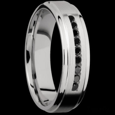 6 mm wide/Flat Grooved Edges/Cobalt Chrome band with an arrangement of 9, .03 carat Round Black Diamond stones in a Channel setting.