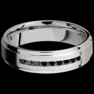 6 mm wide/Flat Grooved Edges/Cobalt Chrome band with an arrangement of 9, .03 carat Round Black Diamond stones in a Channel setting.