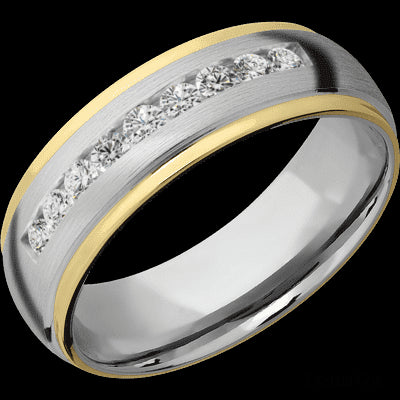 7 mm wide/Domed Stepped Down Edges/Cobalt Chrome band with an arrangement of 9, .05 carat Round Lab Grown Diamond stones in a Channel setting and featuring two 1 mm Edge inlays of 14K Yellow Gold