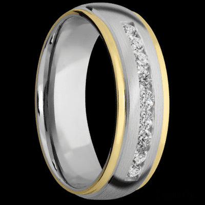 7 mm wide/Domed Stepped Down Edges/Cobalt Chrome band with an arrangement of 9, .05 carat Round Lab Grown Diamond stones in a Channel setting and featuring two 1 mm Edge inlays of 14K Yellow Gold