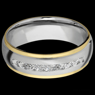 7 mm wide/Domed Stepped Down Edges/Cobalt Chrome band with an arrangement of 9, .05 carat Round Lab Grown Diamond stones in a Channel setting and featuring two 1 mm Edge inlays of 14K Yellow Gold