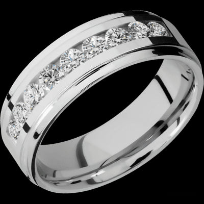 7 mm wide/Flat Grooved Edges/Cobalt Chrome band with an arrangement of 9, .1 carat Round Diamond stones in a Channel setting.