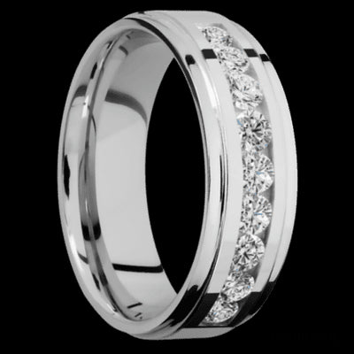 7 mm wide/Flat Grooved Edges/Cobalt Chrome band with an arrangement of 9, .1 carat Round Diamond stones in a Channel setting.
