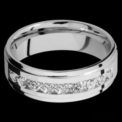 7 mm wide/Flat Grooved Edges/Cobalt Chrome band with an arrangement of 9, .1 carat Round Diamond stones in a Channel setting.