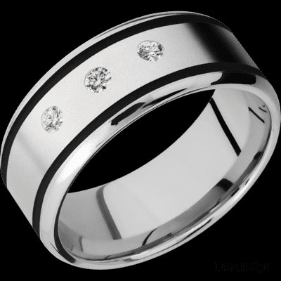 9 mm wide/Beveled/Cobalt Chrome band with two 1 mm Wide inlays of Black and featuring an arrangement of 3, .05 carat Round Diamond stones in a Flush setting