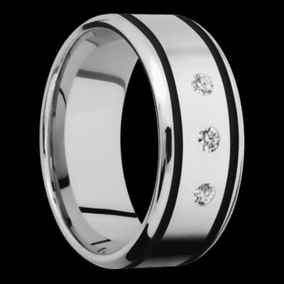 9 mm wide/Beveled/Cobalt Chrome band with two 1 mm Wide inlays of Black and featuring an arrangement of 3, .05 carat Round Diamond stones in a Flush setting