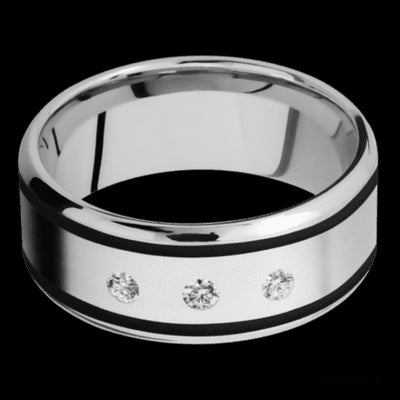 9 mm wide/Beveled/Cobalt Chrome band with two 1 mm Wide inlays of Black and featuring an arrangement of 3, .05 carat Round Diamond stones in a Flush setting