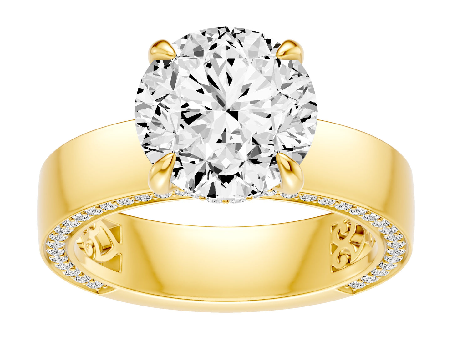 14K Yellow Gold 5Mm Cigar Band 0.50Ctw Lab Pave Diamond Edge With Diamond Hidden Halo Semi Mount