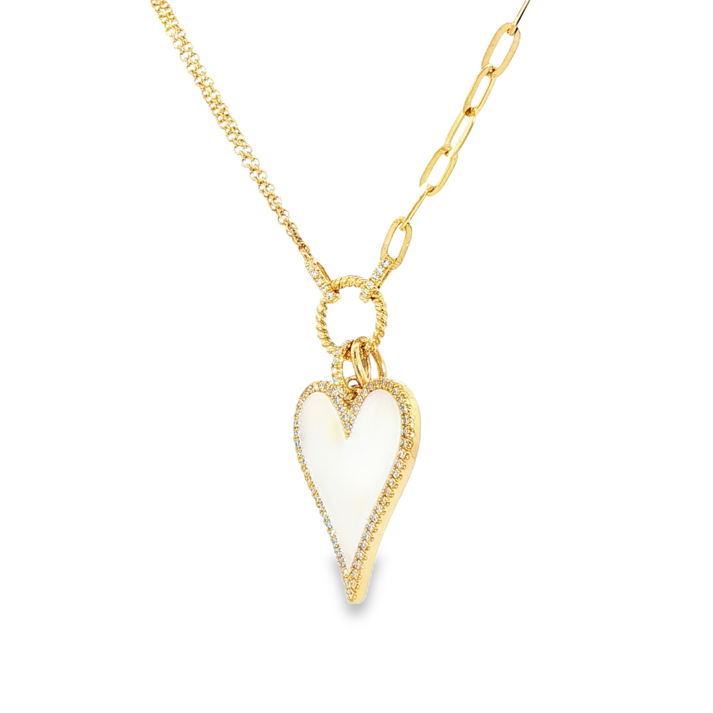 14K Yellow Gold Diamond And Mother Of Pearl Heart Paperclip Link Necklace D 0.20Ctw And Mp 2.07Ct