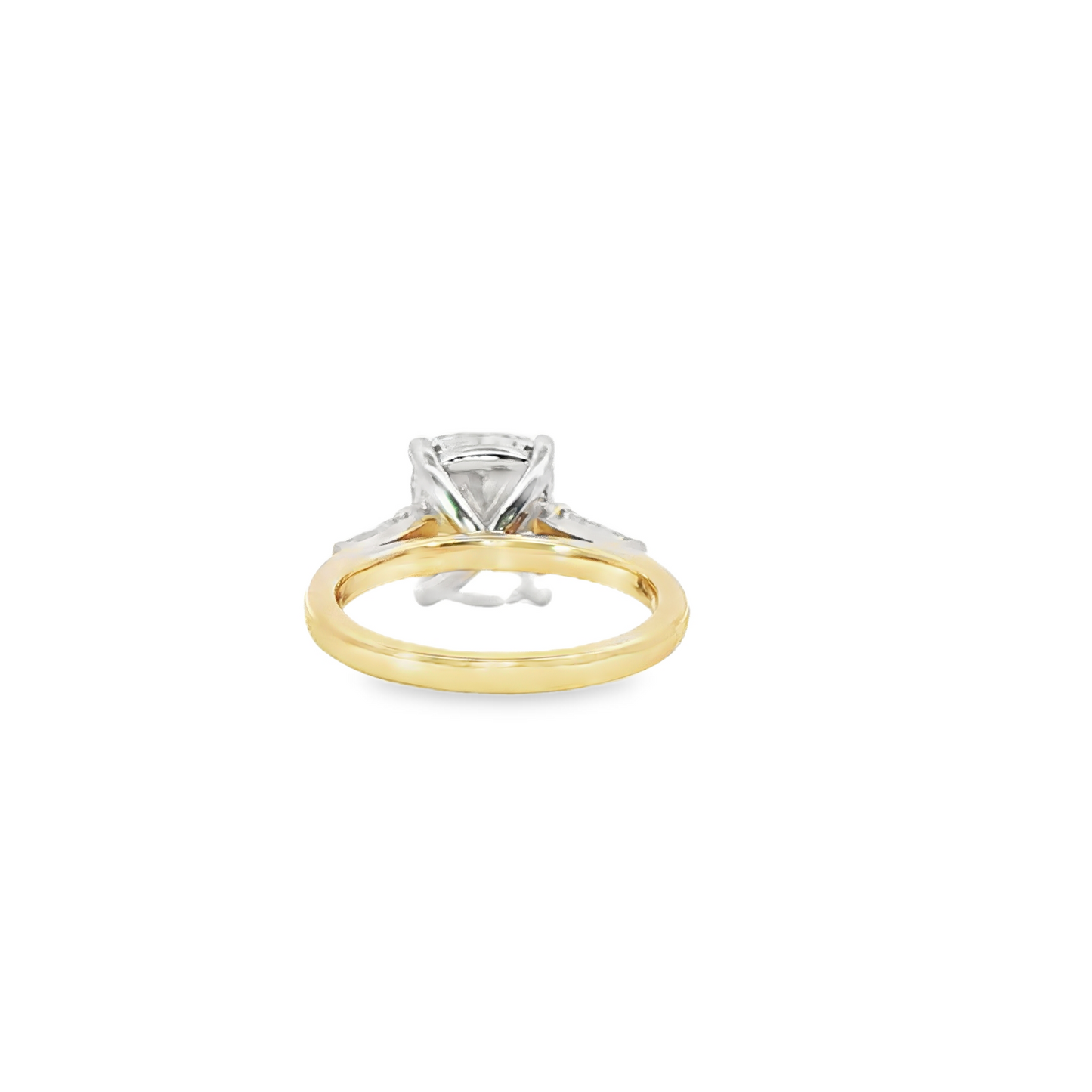 Custom Engagement Ring 3 Stone 3.74Ct Elongated Cushion With Tappered Baguettes 14K Yellow Gold With White Gold Head