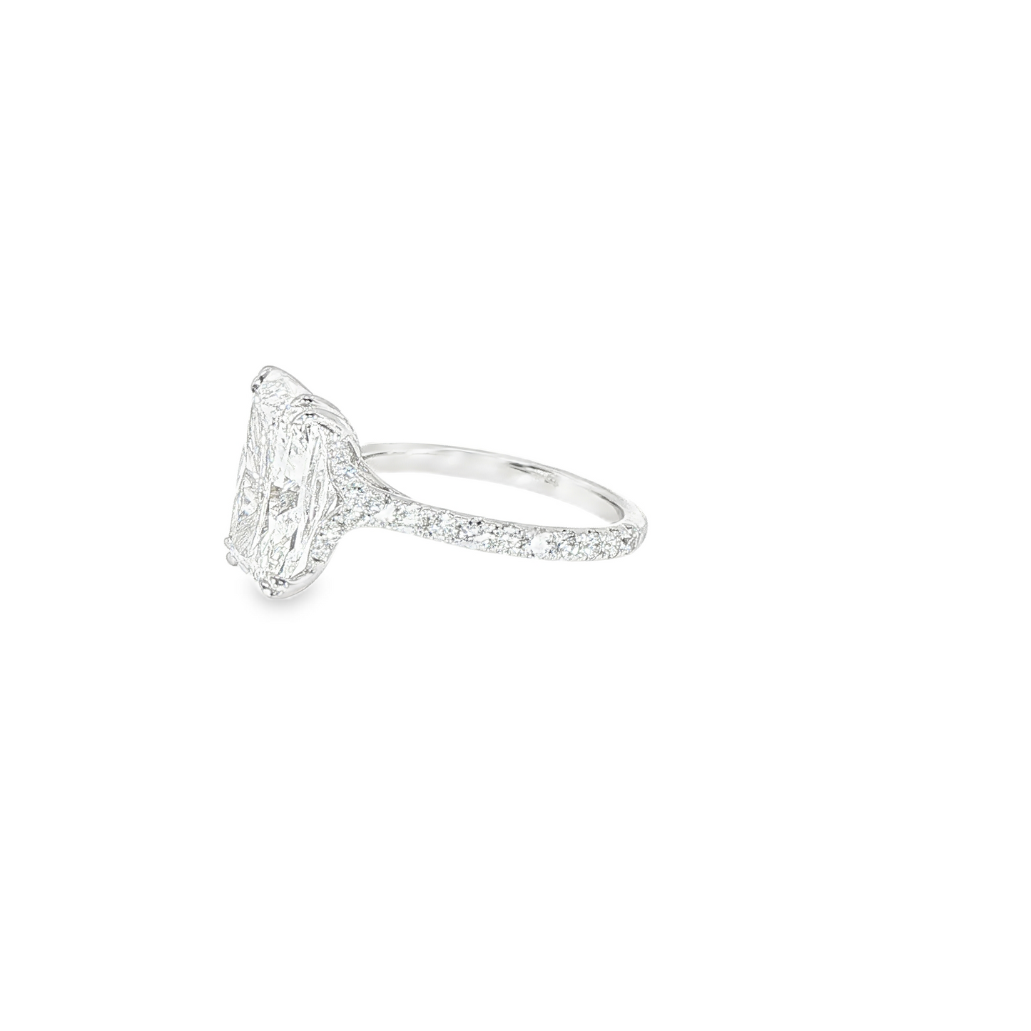 18K White Gold Lab Radiant Cut Diamond Engagment Ring With Contour Gallery Rail And Double Claw Prongs 5.12CT