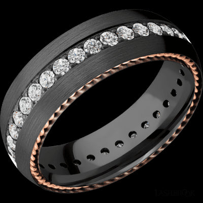 7 mm wide/Domed/Zirconium band with two 1 mm Sidebraid inlays of 14K Rose Gold and featuring an Eternity arrangement of .03 carat Round Lab Grown Diamond stones in a Bead setting