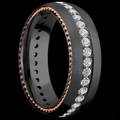 7 mm wide/Domed/Zirconium band with two 1 mm Sidebraid inlays of 14K Rose Gold and featuring an Eternity arrangement of .03 carat Round Lab Grown Diamond stones in a Bead setting