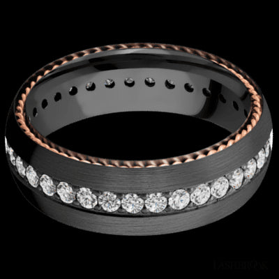 7 mm wide/Domed/Zirconium band with two 1 mm Sidebraid inlays of 14K Rose Gold and featuring an Eternity arrangement of .03 carat Round Lab Grown Diamond stones in a Bead setting