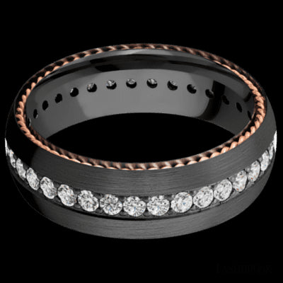 7 mm wide/Domed/Zirconium band with two 1 mm Sidebraid inlays of 14K Rose Gold and featuring an Eternity arrangement of .03 carat Round Lab Grown Diamond stones in a Bead setting