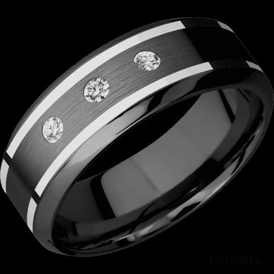 8 mm wide/High Bevel/Zirconium band with two 1 mm Wide inlays of 14K White Gold and featuring an arrangement of 3, .05 carat Round Diamond (ST) stones in a Flush setting