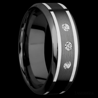 8 mm wide/High Bevel/Zirconium band with two 1 mm Wide inlays of 14K White Gold and featuring an arrangement of 3, .05 carat Round Diamond (ST) stones in a Flush setting