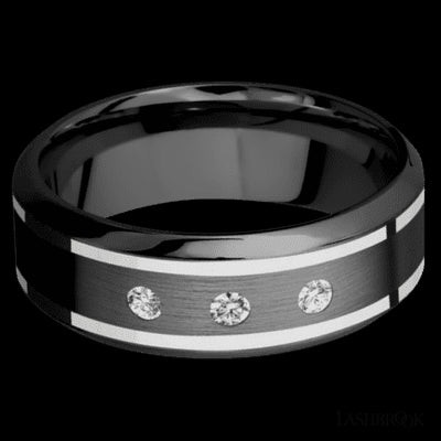 8 mm wide/High Bevel/Zirconium band with two 1 mm Wide inlays of 14K White Gold and featuring an arrangement of 3, .05 carat Round Diamond (ST) stones in a Flush setting