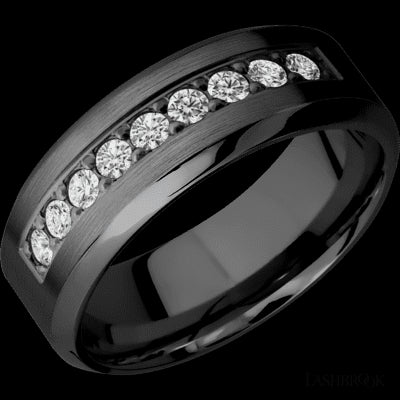 8 mm wide/High Bevel/Zirconium band with an arrangement of 9, .05 carat Round Diamond stones in a Bead setting.