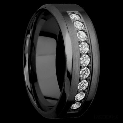8 mm wide/High Bevel/Zirconium band with an arrangement of 9, .05 carat Round Diamond stones in a Bead setting.