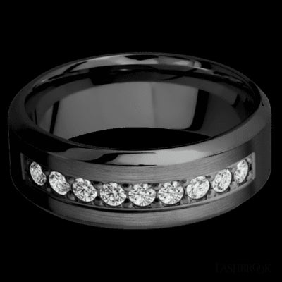 8 mm wide/High Bevel/Zirconium band with an arrangement of 9, .05 carat Round Diamond stones in a Bead setting.