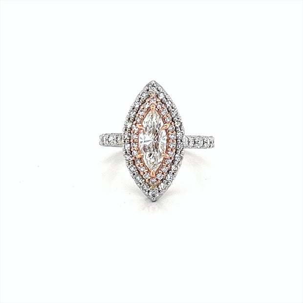 14k white gold double two tone diamond marquise halo engagement ring 1.97ct