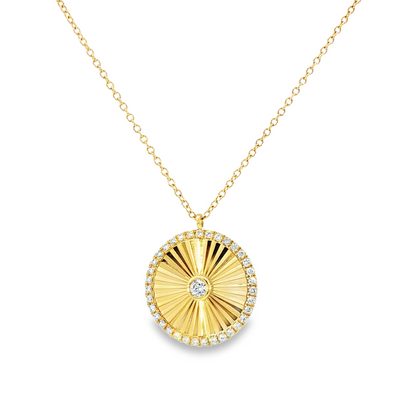 14K Yellow Gold Diamond Ribbed Circle Pendant Necklace