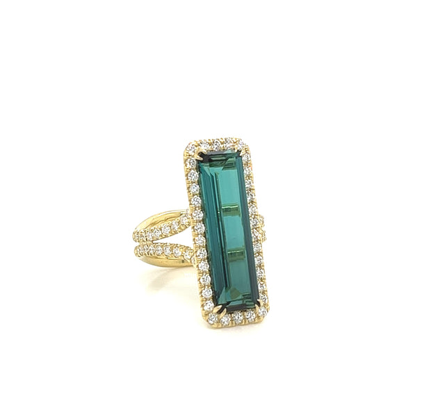 14k yellow gold diamond and bi color blue green tourmaline ring 8.65ct