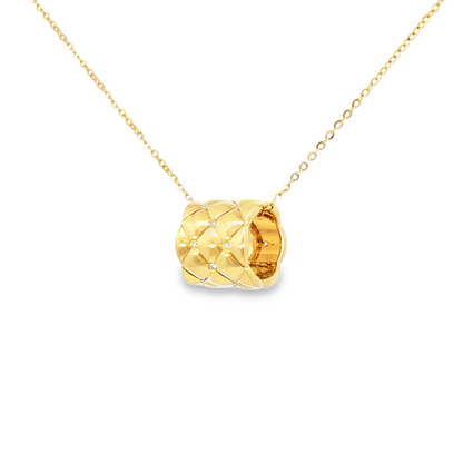 18K Yellow Gold  Diamond Pleated Barrel Pendant Necklace 0.06Ctw