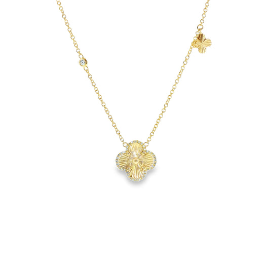 14K Yellow Gold Diamond Clover Necklace With Bezel Diamod Stations And Smaller Clover Accent Diamonds Total 0.12Ct