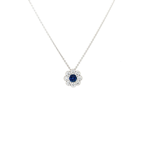 18k white gold diamond and blue sapphire floral pendant 0.99ct