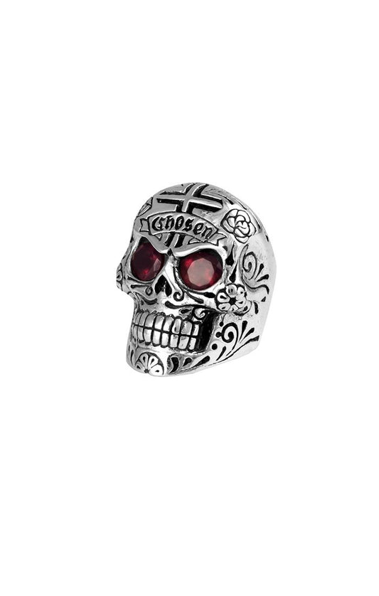 LARGE SKULL RING WITH CHOSEN CROSS DETAIL AND GARNET EYES