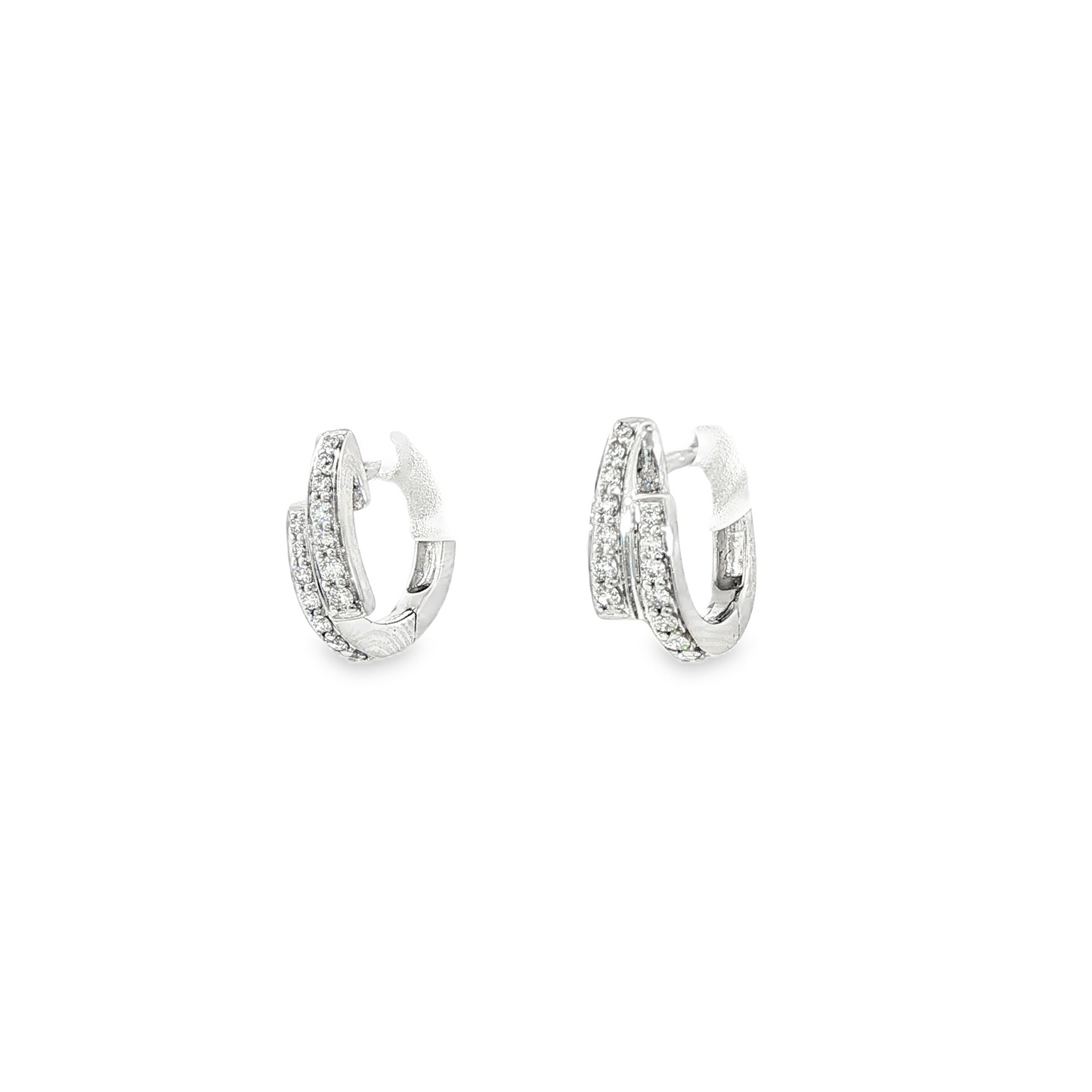 18K White Gold Diamond Double Row Huggie Hoop Earrings 0.20Ctw