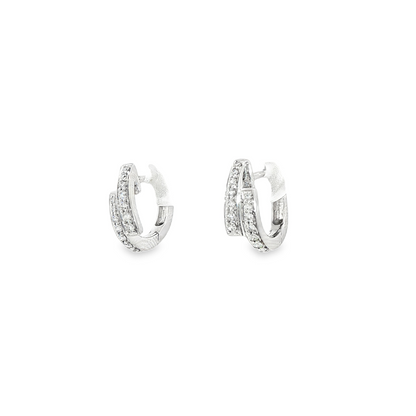 18K White Gold Diamond Double Row Huggie Hoop Earrings 0.20Ctw