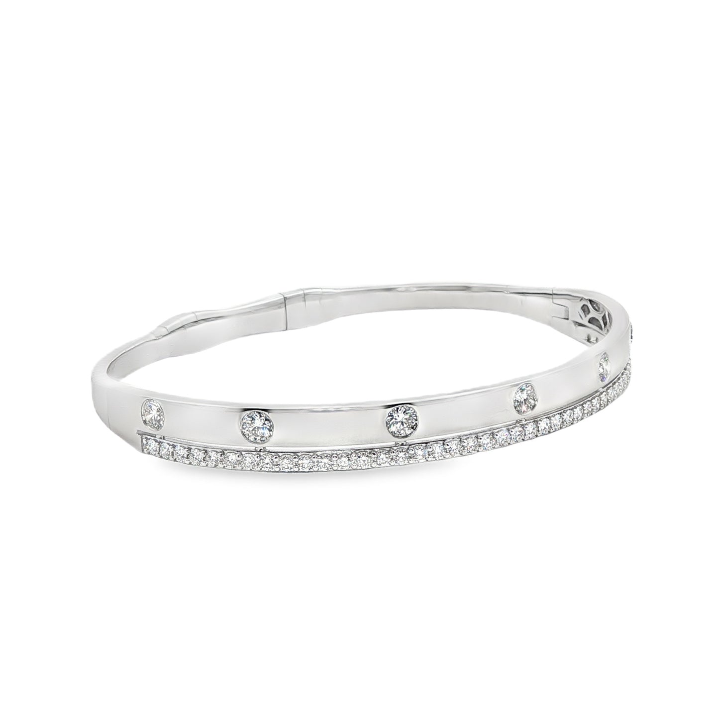14K White Gold Double Row High Polished And Prong Set Diamond Flex Bracelet 1.35Ctw