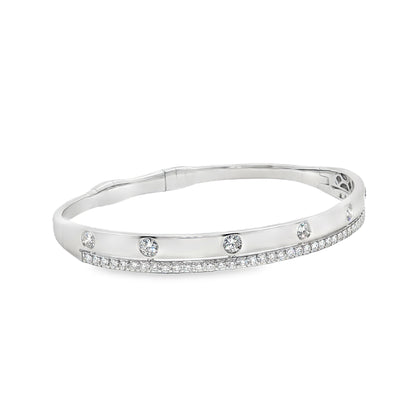 14K White Gold Double Row High Polished And Prong Set Diamond Flex Bracelet 1.35Ctw
