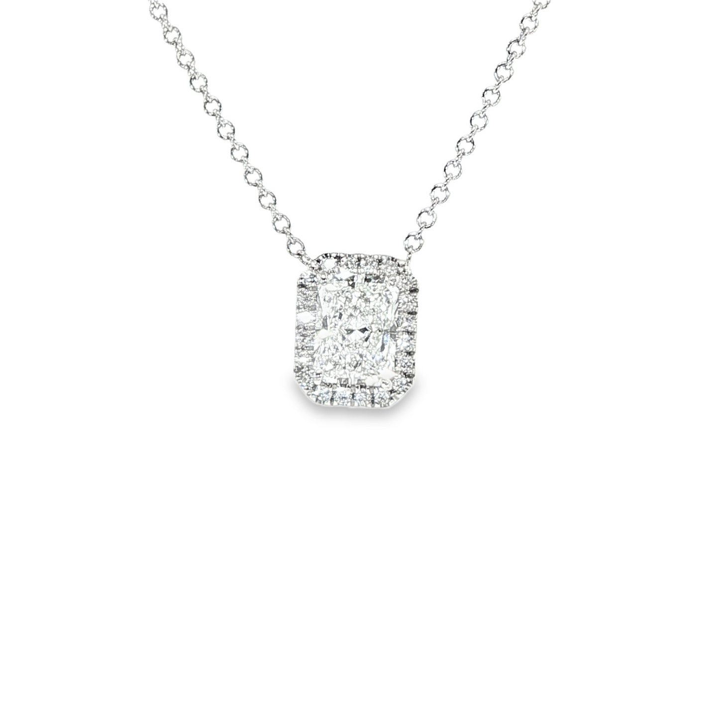14K White Gold Lab Grown Radiant Cut Diamond Pendant Set With Natural Diamond Halo